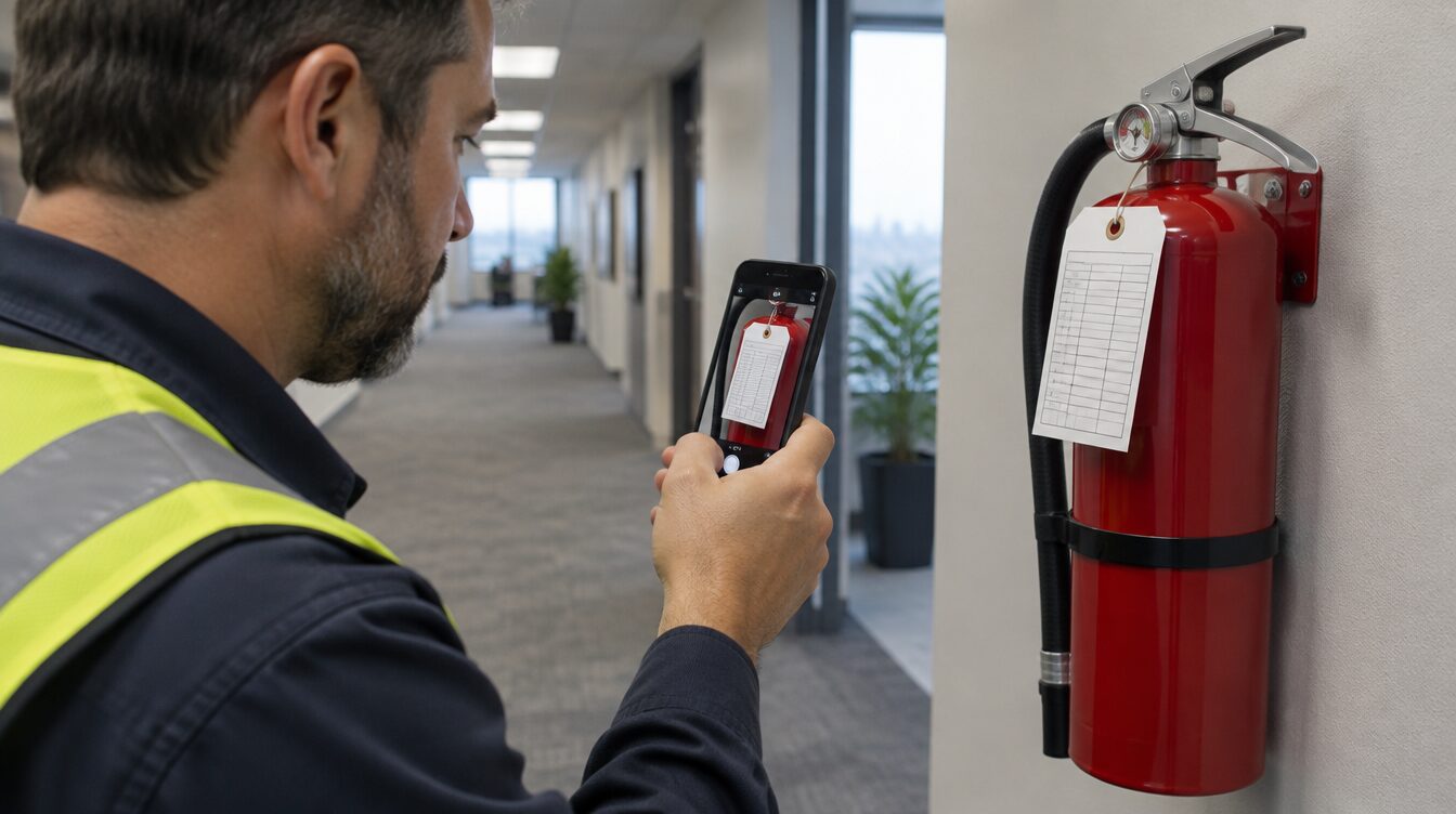 Technician pointing a phone at the inspection tag on a wall-mounted fire extinguisher