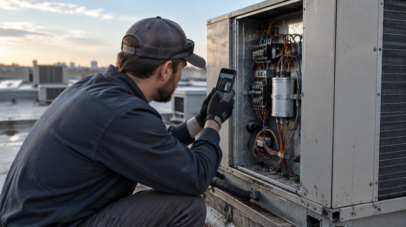 HVAC technician pointing a phone at the open electrical panel of a rooftop unit