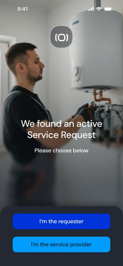 Check-in screen after scanning the property’s QR code: we found an active service request, I’m the requester or I’m the service provider