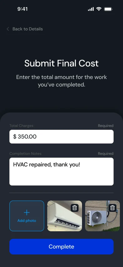 Submit final cost screen: total charges of $350, completion notes and two photos of the repaired unit
